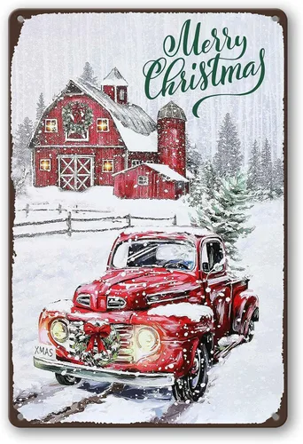 Letrero de pared de camión rojo vintage de Navidad, decoración de placa de metal, 8 x 12 pulgadas