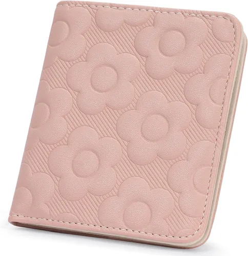 Miniatura 17 de Billetera para mujer, delgada y pequeña, billetera compacta con RFID, plegable, compacta, para mujer, cartera de cuero en relieve 3D con soporte