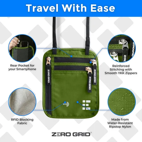Miniatura 43 de Cartera para el cuello para viajes y pasaporte con bloqueo RFID, delgada y fácil de ocultar, bolsa de viaje de nailon para hombres y mujeres
