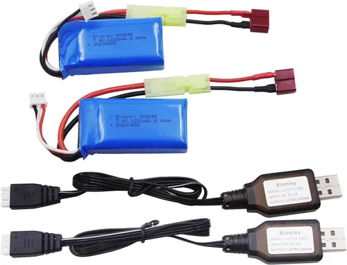 Miniatura 6 de Blomiky Paquete de 2 baterías Li-PO de 7.4 V 1200 mAh 8.88 Wh y 2 cables de cargador USB de repuesto para escala 1/18 9310YL 9300 9301E 9302E 9303E