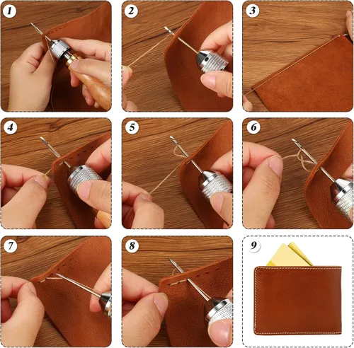 Miniatura 2 de WILLBOND Kit de punzón de costura de cuero de 12 piezas, incluye agujas rectas y dobladas y 8 rollos de hilos encerados con destornillador pequeño