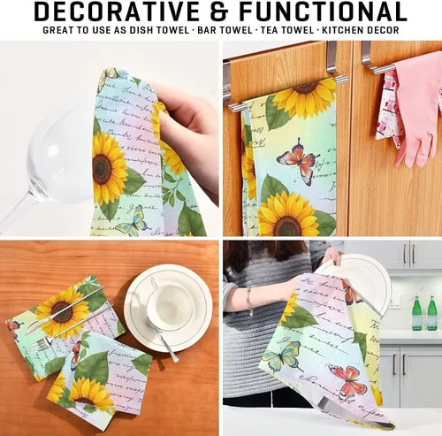 Miniatura 7 de GAIREG Retro Sunflowers Butterflies Dish Cloths for Drying Dishes, 28x18 Inches Absorbent Printed Hand Towels, Set of 6