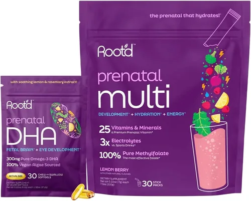 Root'd DHA prenatal + polvo multivitamínico para apoyo al embarazo, desarrollo fetal, hidratación y refuerzo inmunológico, vegano, sin OMG, sin