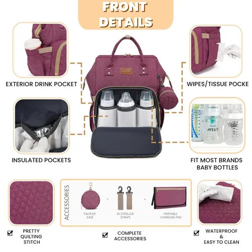 Miniatura 3 de ROSEGIN Mochila para pañales con cambiador, funda para chupete, bolsa de bebé para niños y niñas pequeños, grande, elegante, impermeable, bolsa