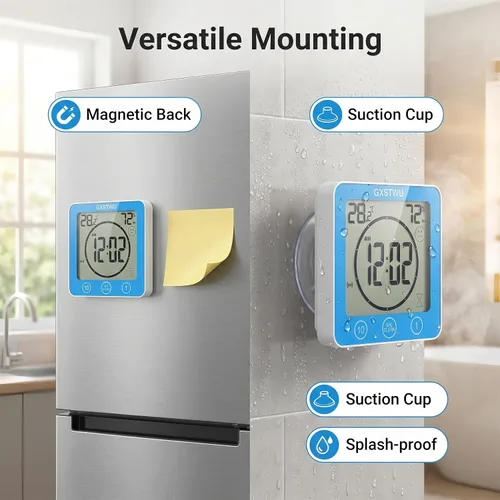 Miniatura 7 de Reloj de ducha digital, reloj temporizador de baño, resistente al agua para rociar agua, alarma de cuenta regresiva, temporizador de pantalla