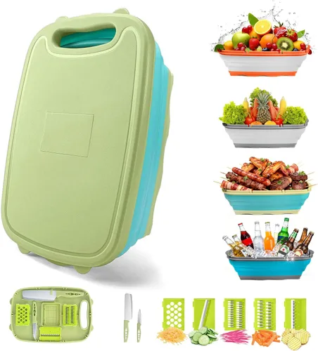 Miniatura 9 de Gintan Tabla de cortar para acampar, tabla de cortar plegable 9 en 1 con escurridor, cesta para lavar verduras de cocina para acampar, regalos