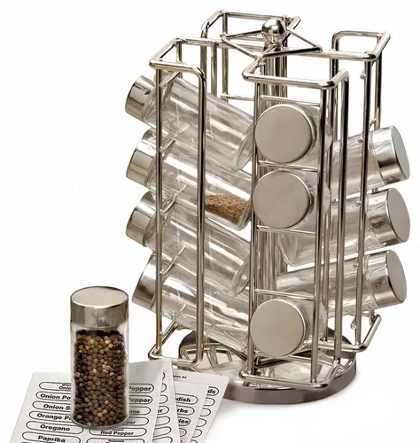 Miniatura 2 de RSVP International Juego de estante giratorio cromado, incluye 16 tarros de especias 9 x 11.5 pulgadas Mantiene sales, pimientos, comino, ajo
