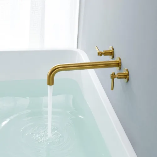 Miniatura 4 de Wowkk Llenador de bañera de montaje en pared, grifo de bañera de oro cepillado, grifos de baño de latón con 2 asas