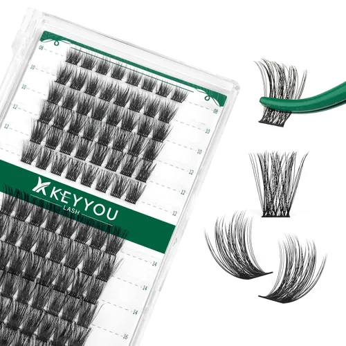 Miniatura 31 de KEYYOU Racimos de pestañas, 96 piezas de extensiones de pestañas DIY, rizado D de 16 mm, negro, realista, no irritante, fácil de colocar en casa