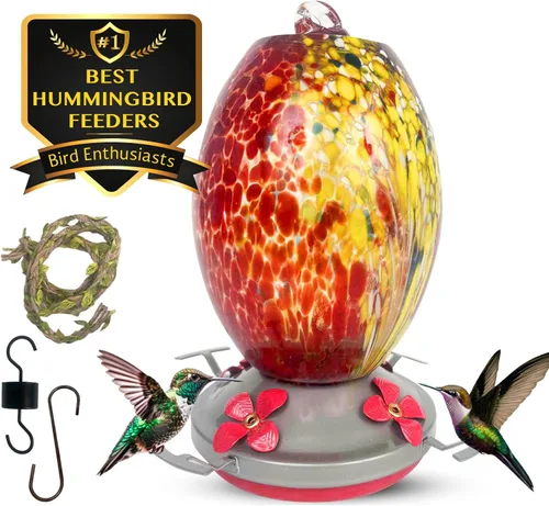 Miniatura 8 de Comedero de colibrí – Cristal soplado HQ – Nectar de alta capacidad – Colores vibrantes que atraen colibríes – Kit de montaje gratuito, Explosión
