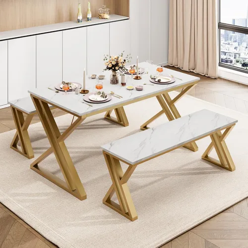 GarveeHome Mesa de cocina con 2 bancos, juego de mesa de comedor para 4 personas con mesa de mármol sintético, juego de mesa de comedor que ahorra