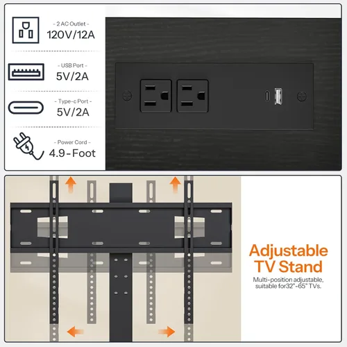 Miniatura 4 de HOOBRO Soporte de TV con soporte y toma de corriente, para televisores de 32/45/55/60/65 pulgadas, centro de entretenimiento LED giratorio