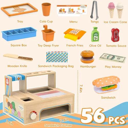 Miniatura 2 de Juegos de comida plegables de madera para jugar, contador de sándwiches con almacenamiento, 56 piezas de juguete de cocina de juego de simulación