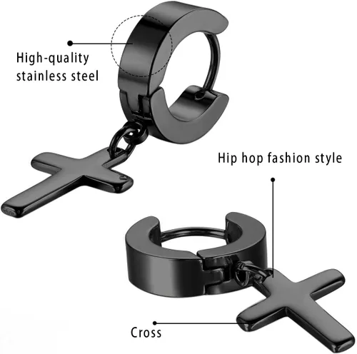 Miniatura 2 de Cupimatch Aretes con cruz de acero inoxidable, 3-6 pares, para hombre