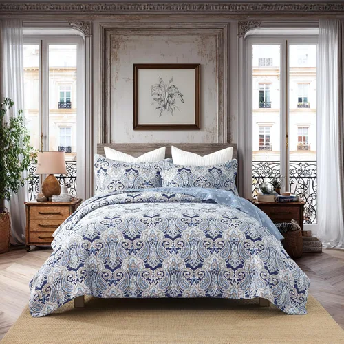 Miniatura 15 de Juego de edredón Queen 100% algodón – Colcha floral de damasco azul, juego de ropa de cama reversible de estilo europeo clásico de 3 piezas, ligero