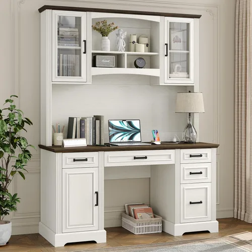 Miniatura 10 de Furniouse Escritorio ejecutivo de 58 pulgadas, escritorio para computadora de granja con cajones y gabinete con estación de carga, escritorio