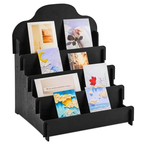 Miniatura 13 de Barydat Soporte de exhibición grande de 4 niveles y 5 niveles para tarjetas de felicitación, soporte de madera para postales, folletos, fotos, Negro