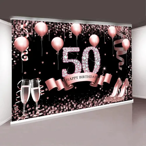 Miniatura 2 de Sensfun Telón de fondo de oro rosa con la frase "Happy 50th Birthday" para mujer, globos de diamantes con purpurina, tacones altos, fondo
