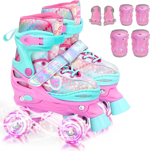Sportneer Patines para niños: 4 tamaños ajustables patines cuádruples con ruedas iluminadas para niñas de 5-8, 8-12 niños pequeños principiantes,