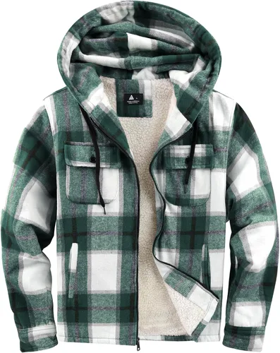 Ceoutdoor Chaqueta de franela con capucha para hombre, forro polar, camisa de franela a cuadros con cremallera, sudadera con capucha de sherpa,