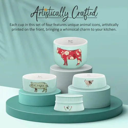 Miniatura 4 de Pavilion Gift Company - 'Live Simply Bee, Chicken, Pig, and Cow' - Juego de tazas medidoras de gres de 4 piezas, utensilios de cocina resistentes