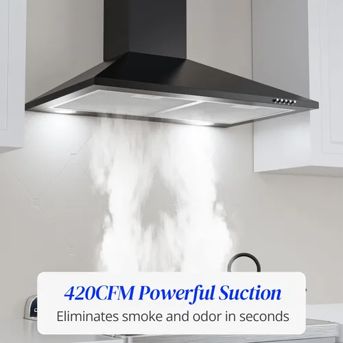 Miniatura 2 de FIREGAS Campana extractora negra de 30 pulgadas, campana extractora de montaje en pared con luces LED, ventilador de escape de 3 velocidades, Negro