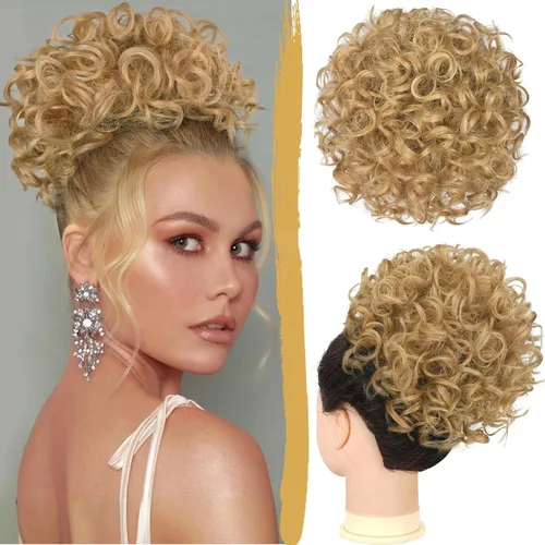 Miniatura 22 de PEACOCO Extensión de Cola de Caballo Corta y Rizada Moño Desordenado con Cordón Elástico Moño de Cabello Suelto para Mujeres con Cabello Delgado