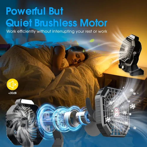 Miniatura 4 de JINLICTE Ventilador de Camping con Linterna LED, 20000 mAh, 9 Pulgadas, Ventilador Portátil Recargable con Batería, con Velocidad Variable y Negro
