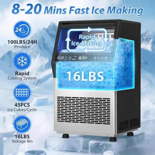 Miniatura 2 de Máquina de hielo comercial, 100 libras/24 horas debajo de la encimera/máquina de hielo independiente con entrada de agua de galón autocebante y agua