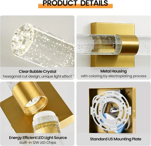 Miniatura 3 de Juego de dos apliques de pared dorados - Modernos apliques de cristal para iluminación de pared de 12 W, 4000 K, aplique de pared LED regulable