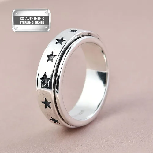 Miniatura 2 de Shop LC - Anillo giratorio de plata de ley 925, diseño de lunas y estrellas, anillo antiansiedad para mujeres y hombres, chapado en platino, joyería