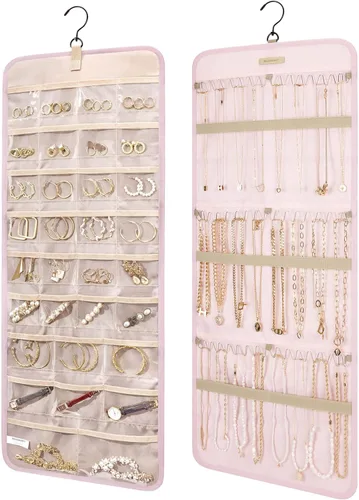 Miniatura 8 de Organizador de joyas colgante BAGSMART con rollo de almacenamiento y ganchos metálicos, soporte doble para aretes, collares, anillos en el armario