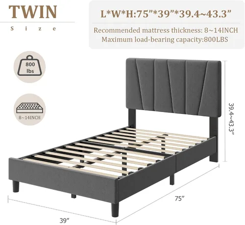 Miniatura 2 de Garvee Base de cama de plataforma de tamaño individual con cabecera tapizada de tela y soporte de listones de madera, base de colchón totalmente