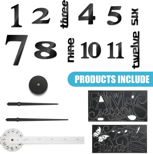 Miniatura 3 de Junkin - Reloj de pared 3D grande sin marco, moderno, para bricolaje, con citas familiares, adhesivo decorativo, kit de reloj para decoración