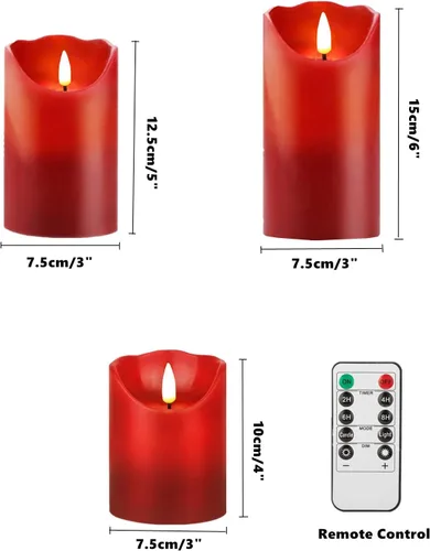 Miniatura 5 de HEIOKEY Juego de 3 velas rojas parpadeantes sin llama, velas que funcionan con pilas con control remoto de 10 teclas, vela eléctrica de pilar