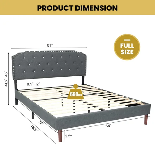 Miniatura 8 de Giantex Base de cama tapizada con cabecera ajustable, base de cama con plataforma suave capitonada de cristal con listones de madera, base
