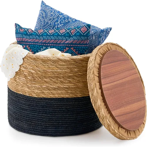 Miniatura 22 de Wimarsbon Taburete de pie de hierba marina natural, otomana redonda tejida a mano, para sala de estar, asiento al aire libre (natural)
