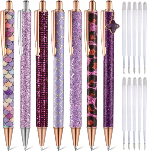 Miniatura 11 de Sherr 7 bolígrafos elegantes para mujer, lindos bolígrafos de purpurina brillantes con 10 recambios de tinta negra, bonitos regalos para niñas