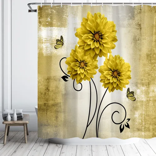 Miniatura 4 de Cortina de ducha con diseño floral, flores de dalia amarillas y mariposas, cortinas de ducha para baño, juego de cortina de ducha rústica