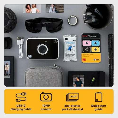 Miniatura 3 de Kodak Printomatic+ Paquete de inicio de cámara digital de impresión instantánea + funda de transporte (rosa) + papel fotográfico Zink con parte Negro