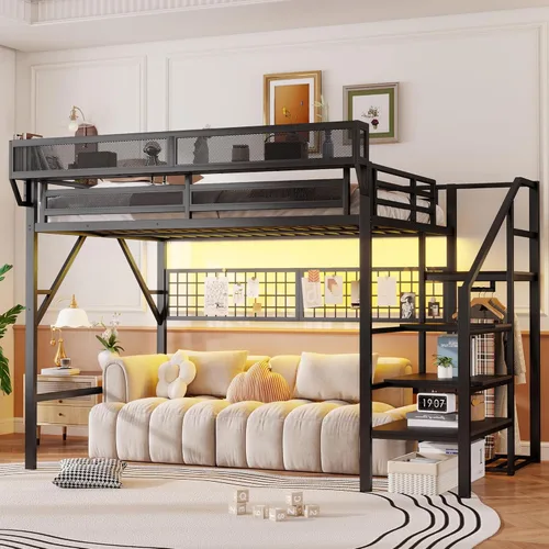 Miniatura 26 de KEIKI Estructura de Cama Loft de Metal Tamaño Twin con Escalera Convertible, Estantes de Almacenamiento Integrados y Armario, Cama Loft con Listones