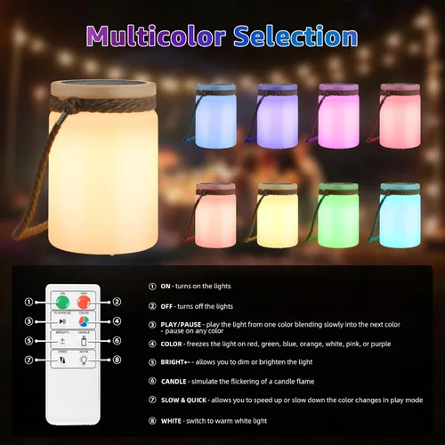 Miniatura 3 de uuffoo Paquete de 2 lámparas solares de mesa, impermeables, LED, inalámbricas, IP44 RGB y blanco cálido, regulables, para patio, camping