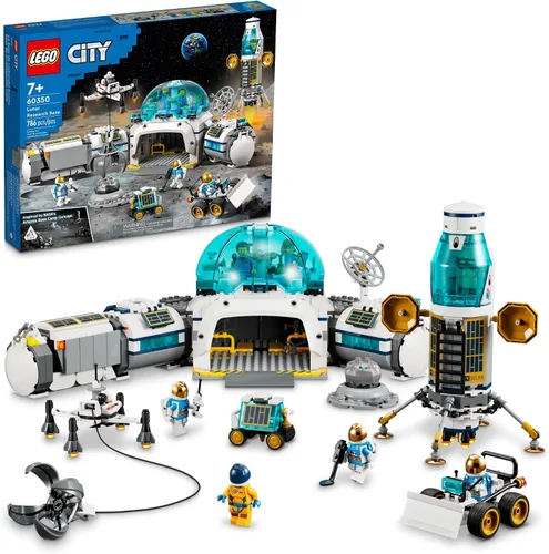 LEGO City Lunar Research Base - Juguete espacial para niños que aman el espacio 60350, inspirado en la NASA Lunar Lander, Rover y Moon Buggy con 6