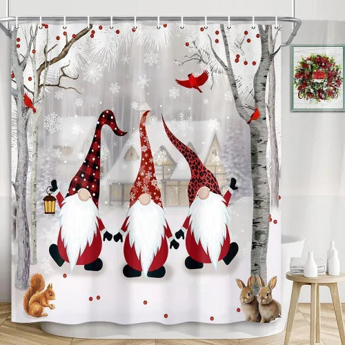 Miniatura 6 de Christmas Shower Curtain Gnome Winter Shower Curtain Snowy Forest Birth Tree with Cute Fun Gnome Bath Curtain Xmas New Year Bathroom Decor Bathroom