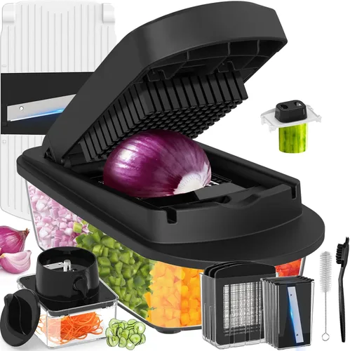 Miniatura 10 de Picador de verduras todo en uno de 8 cuchillas con contenedor, picador de alimentos, picador de cebolla, cortador de verduras para ensalada, Blanco