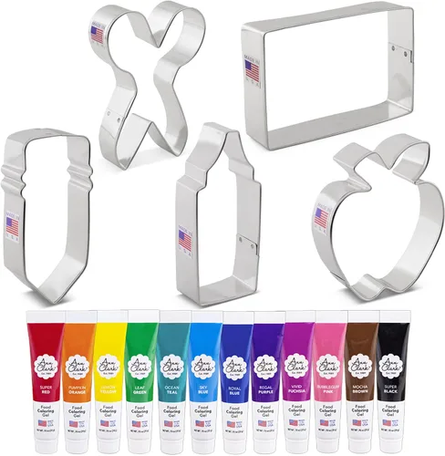 Ann Clark Cookie Cutters Back to School - Juego de cortadores de galletas de 5 piezas y 12 unidades de gel colorante para alimentos, fabricado en