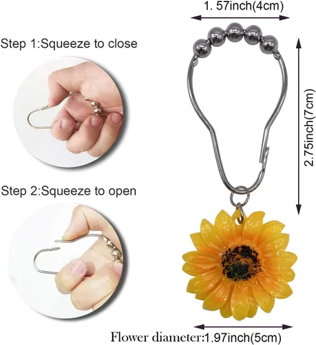 Miniatura 4 de CHICTIE Anillos de ganchos para cortina de ducha con flores, 12 piezas decorativas a prueba de óxido para juego de baño (girasol amarillo)