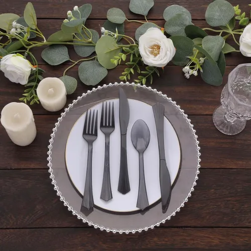 Miniatura 6 de Efavormart - Juego de 24 cubiertos de plástico transparente negro resistente con mango de punta acampanada, cuchara de tenedor desechable