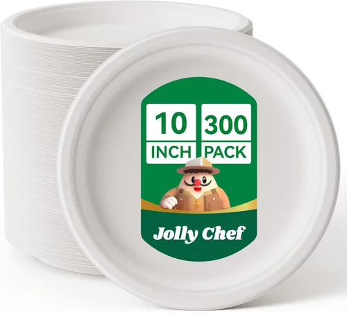 JOLLY CHEF Platos compostables de alta resistencia y resistentes, ecológicos, desechables, de papel blanco, sin recubrimiento, bagazo, caña de