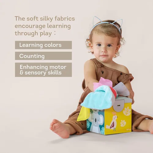Miniatura 2 de Taf Toys Caja de Pañuelos Sensoriales Arrugados para Niños Pequeños. Juguete STEM Montessori con Pañuelos Suaves Coloridos y Mantitas Crujientes